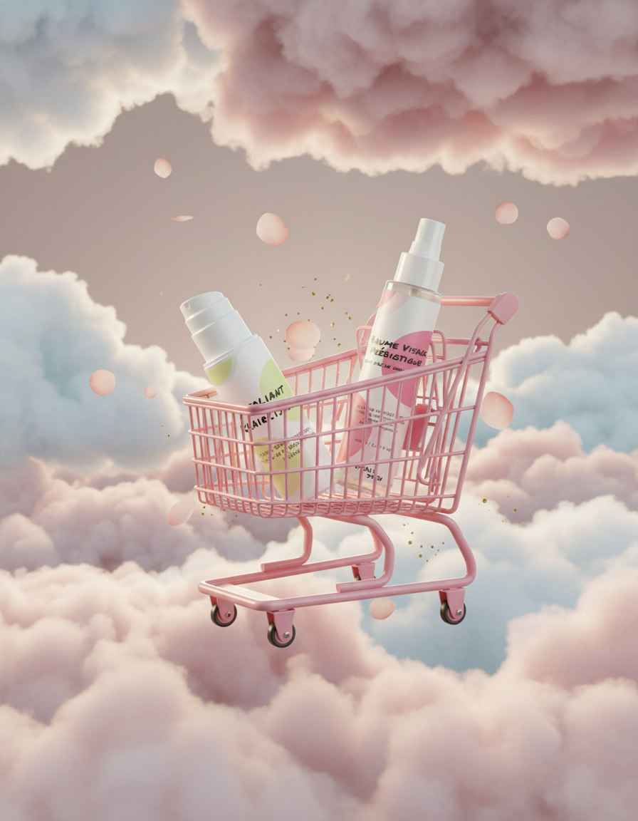Panier shopping rose avec produits khall skin dans les nuages